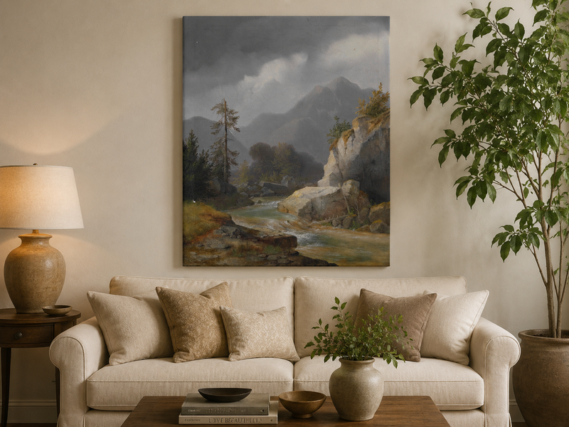 Peinture à l'huile de paysage - Ciel orageux, torrent de montagne