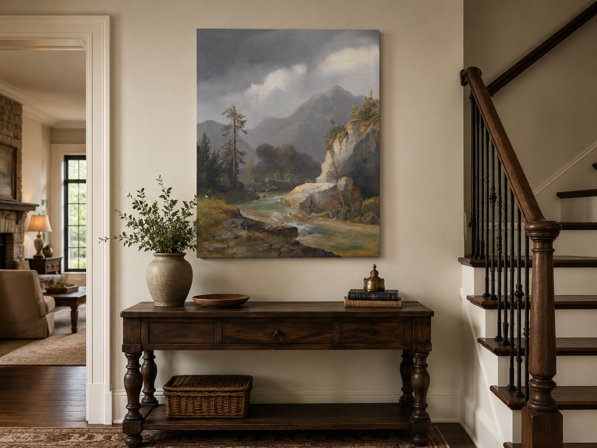 Peinture à l'huile de paysage - Ciel orageux, torrent de montagne