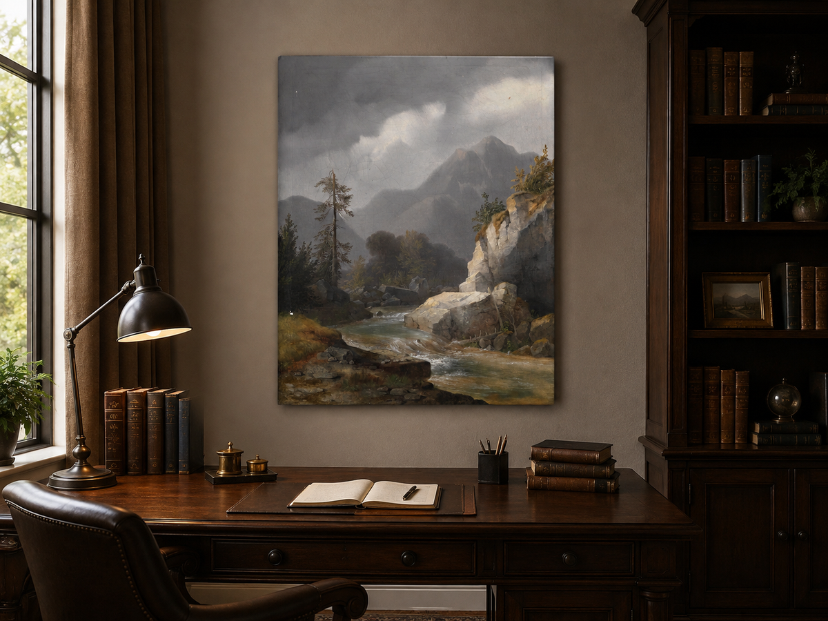 Peinture à l'huile de paysage - Ciel orageux, torrent de montagne