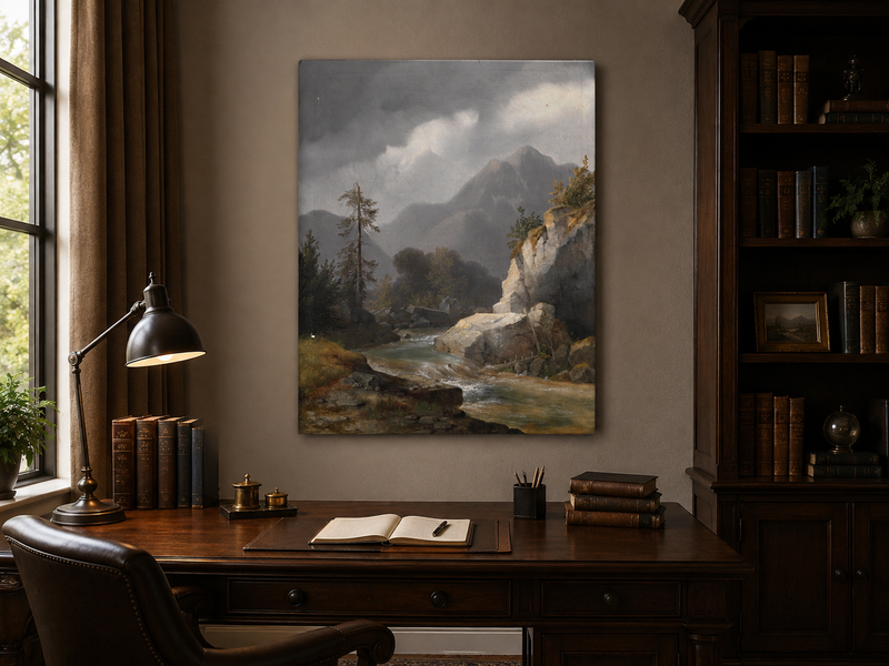 Peinture à l'huile de paysage - Ciel orageux, torrent de montagne