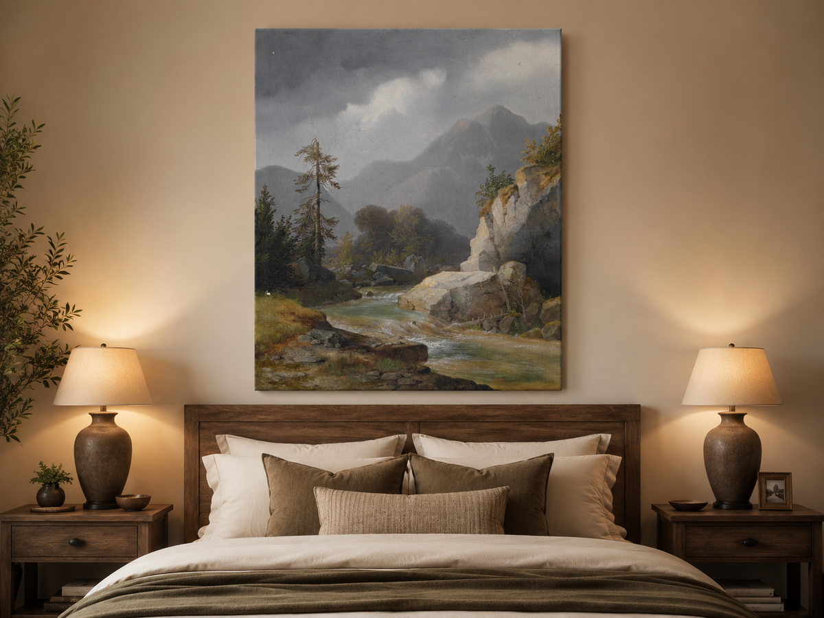 Peinture à l'huile de paysage - Ciel orageux, torrent de montagne