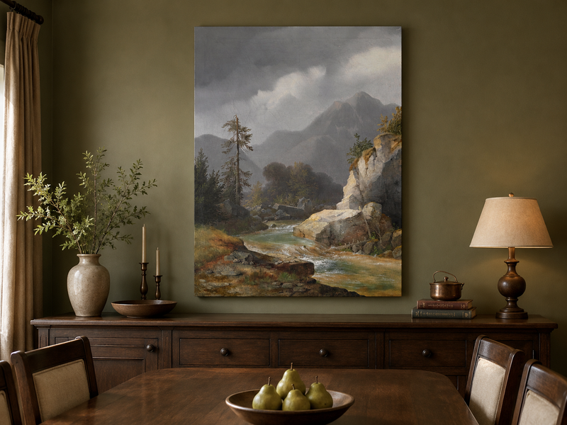 Peinture à l'huile de paysage - Ciel orageux, torrent de montagne
