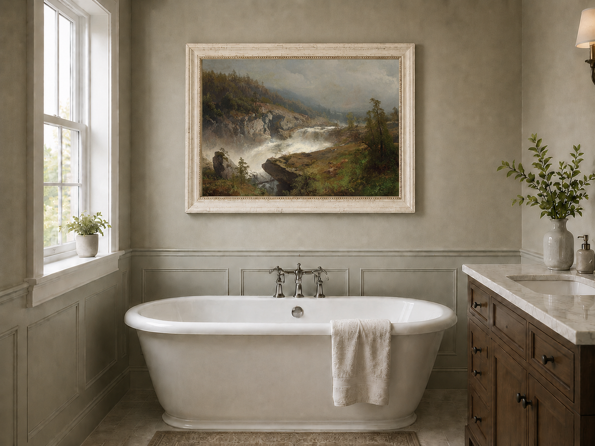 Landscape Oil Painting - Mountain Waterfall in Forest Valley