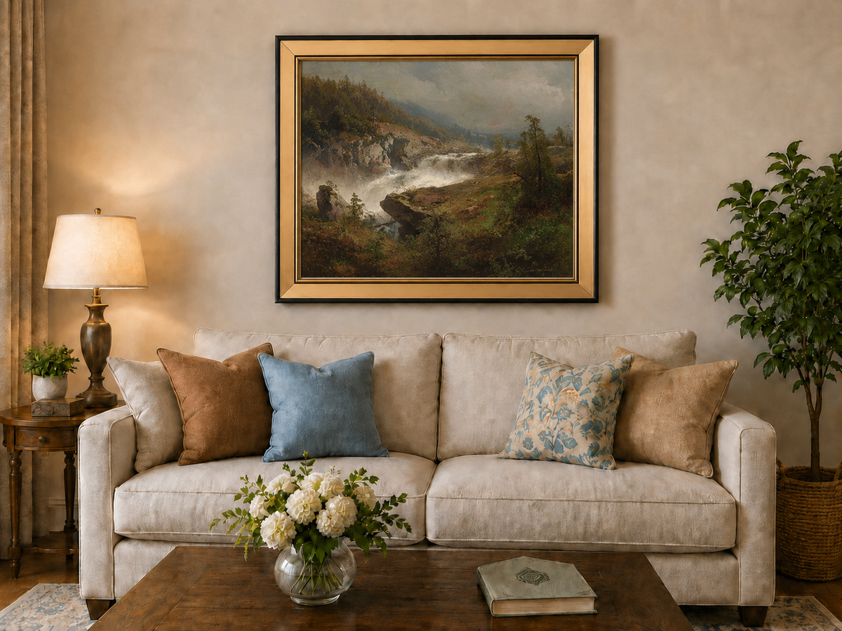 Landscape Oil Painting - Mountain Waterfall in Forest Valley