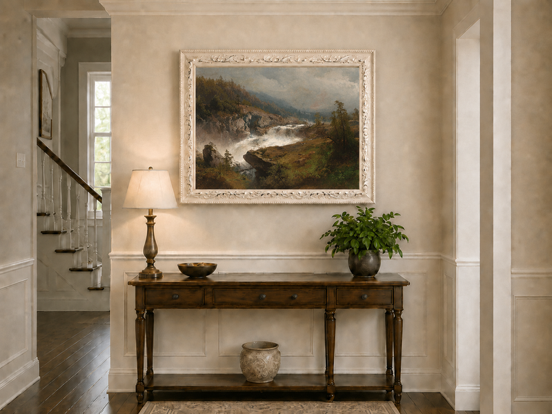 Landscape Oil Painting - Mountain Waterfall in Forest Valley