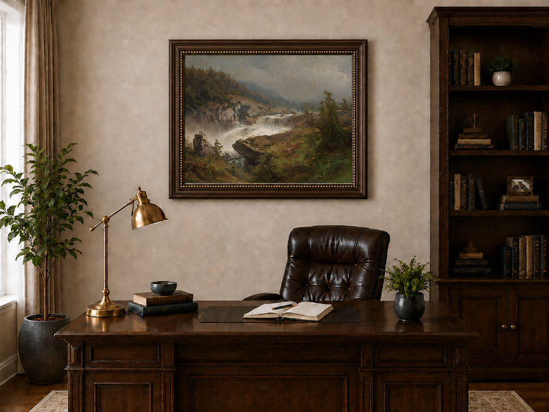 Landscape Oil Painting - Mountain Waterfall in Forest Valley