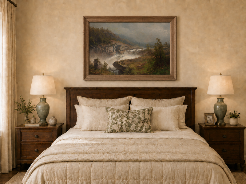 Landscape Oil Painting - Mountain Waterfall in Forest Valley