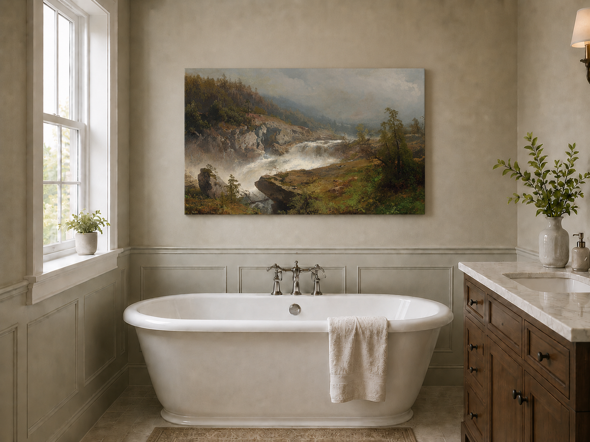 Landscape Oil Painting - Mountain Waterfall in Forest Valley