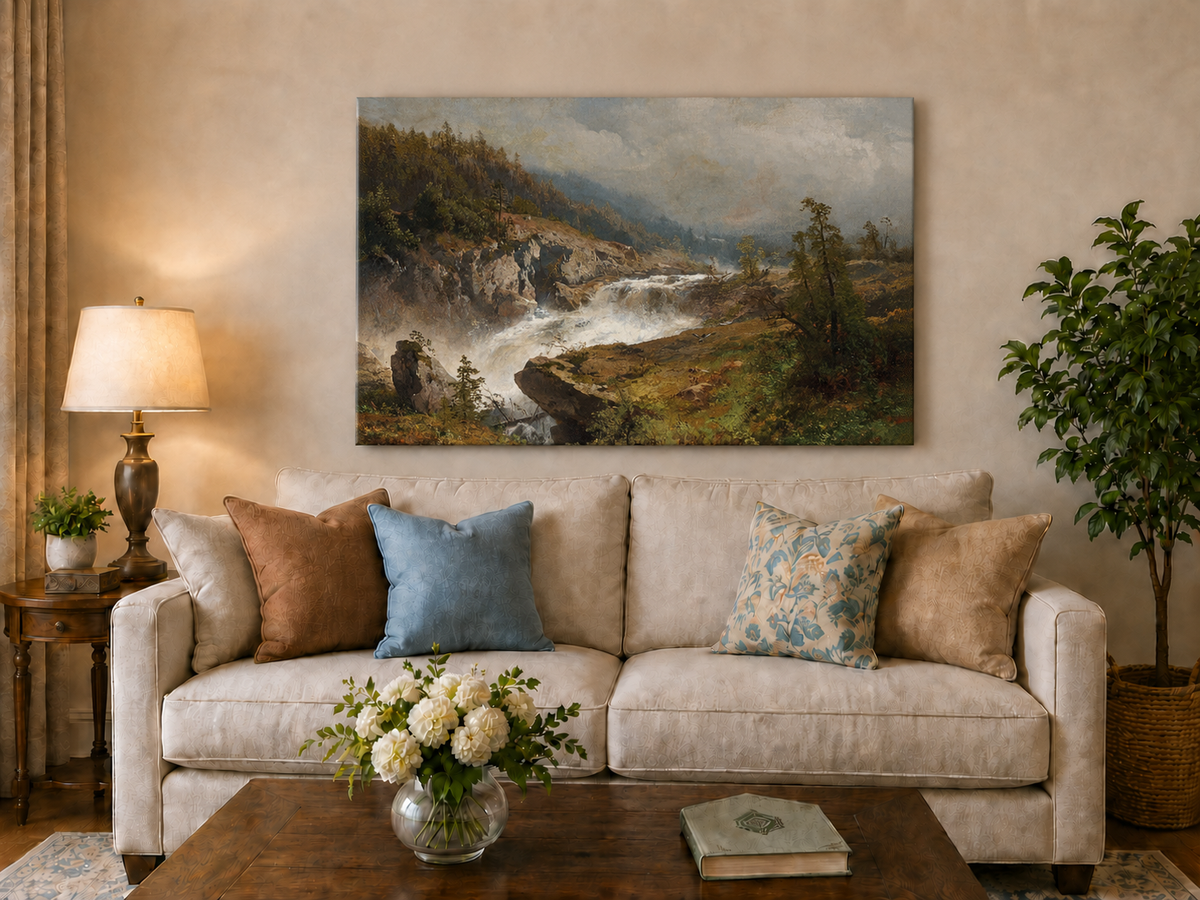 Landscape Oil Painting - Mountain Waterfall in Forest Valley