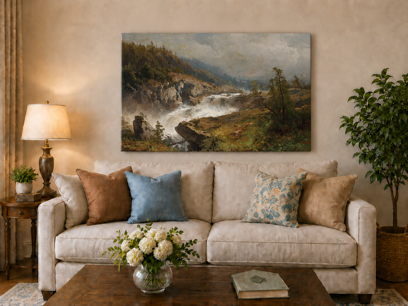 Landscape Oil Painting - Mountain Waterfall in Forest Valley