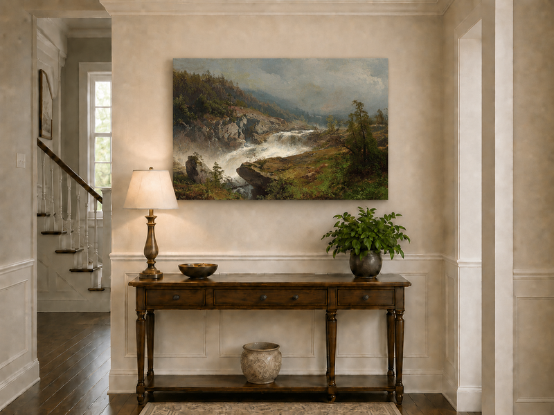 Landscape Oil Painting - Mountain Waterfall in Forest Valley