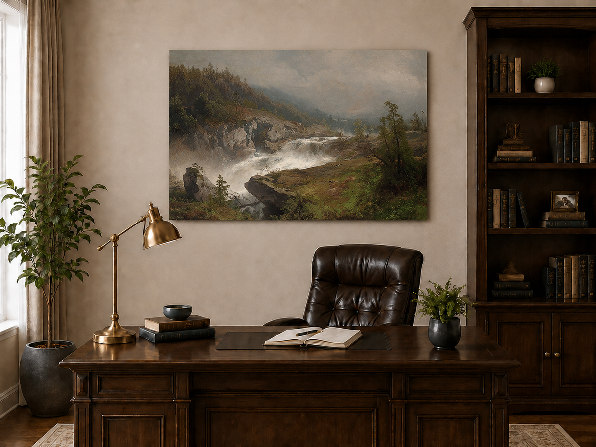 Landscape Oil Painting - Mountain Waterfall in Forest Valley