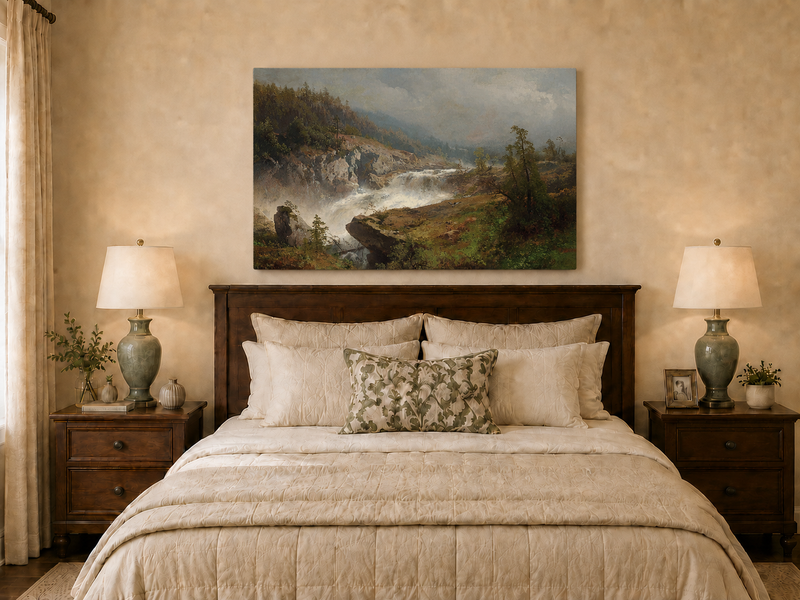 Landscape Oil Painting - Mountain Waterfall in Forest Valley