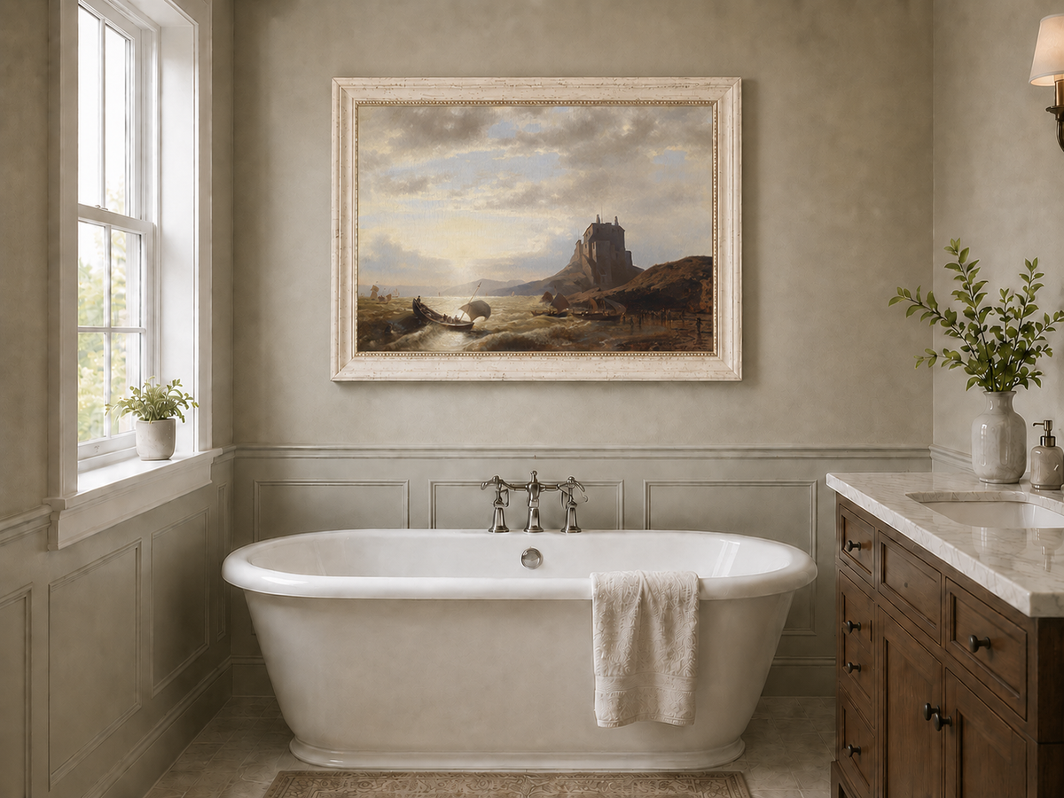 Peinture à l'huile de paysage - Château côtier et voiliers au coucher du soleil