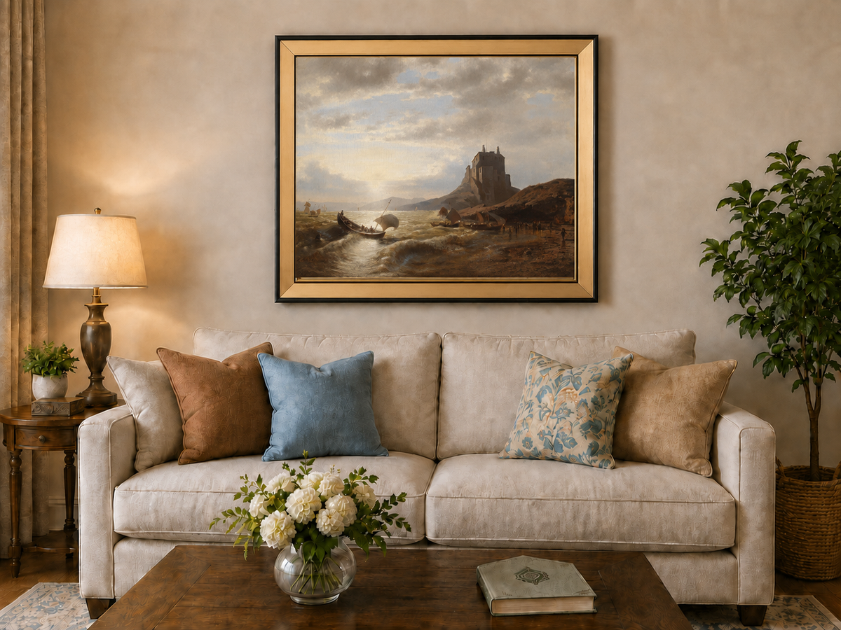 Peinture à l'huile de paysage - Château côtier et voiliers au coucher du soleil