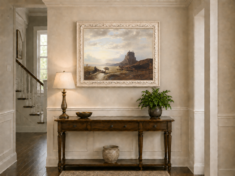 Peinture à l'huile de paysage - Château côtier et voiliers au coucher du soleil