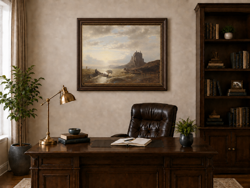 Peinture à l'huile de paysage - Château côtier et voiliers au coucher du soleil