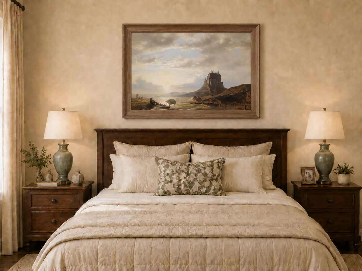 Peinture à l'huile de paysage - Château côtier et voiliers au coucher du soleil