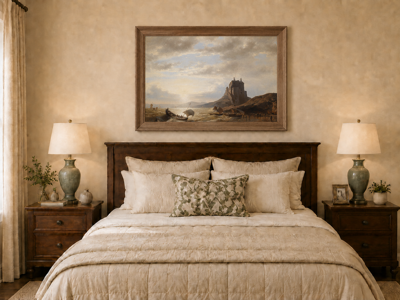 Peinture à l'huile de paysage - Château côtier et voiliers au coucher du soleil