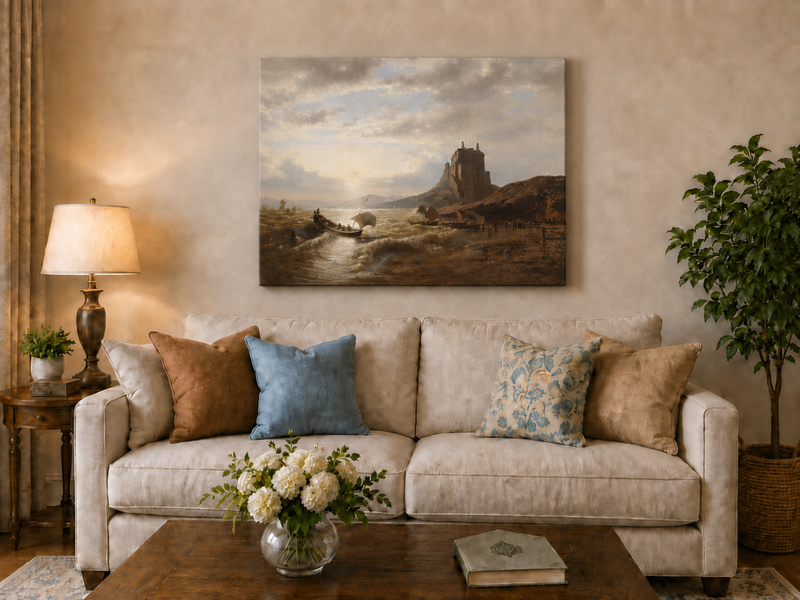 Peinture à l'huile de paysage - Château côtier et voiliers au coucher du soleil