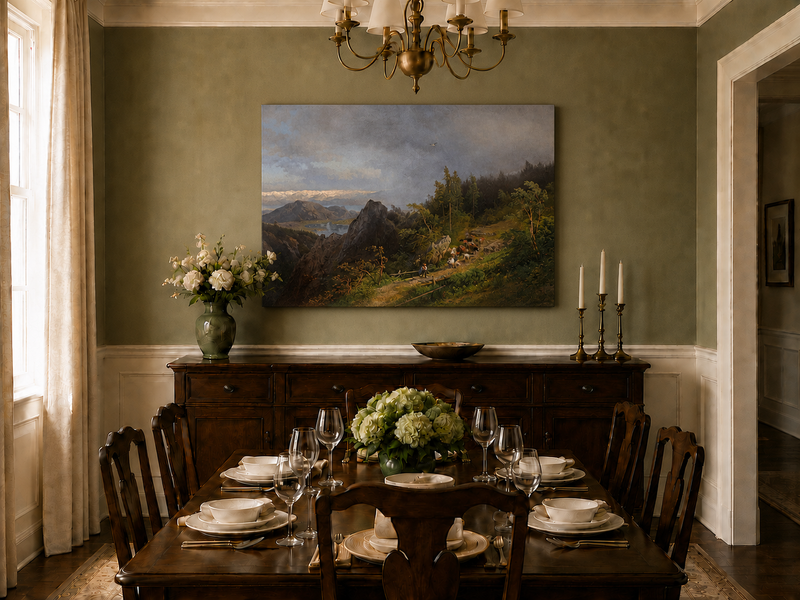 Peinture à l'huile de paysage - Château côtier et voiliers au coucher du soleil