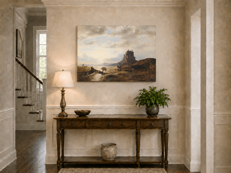 Peinture à l'huile de paysage - Château côtier et voiliers au coucher du soleil