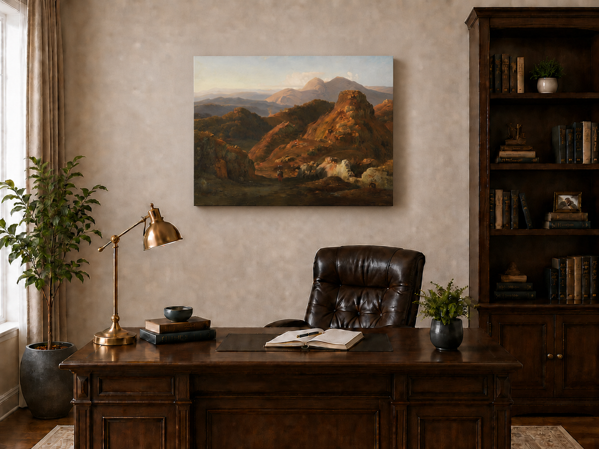 Peinture à l'huile de paysage - Château côtier et voiliers au coucher du soleil