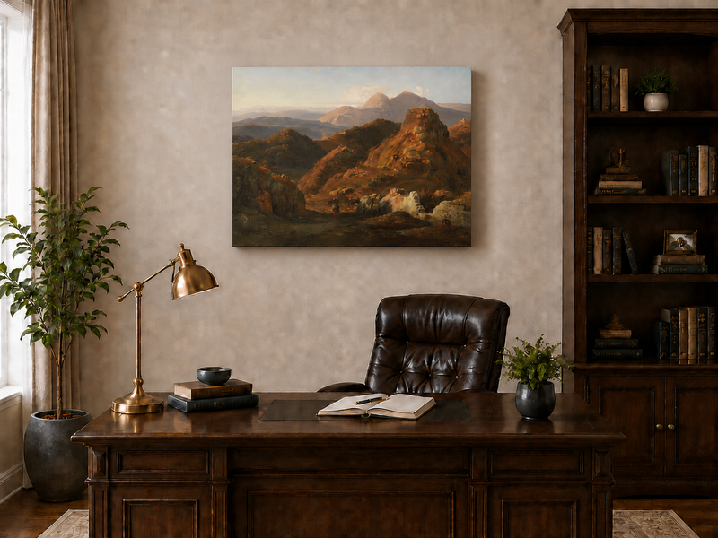 Peinture à l'huile de paysage - Château côtier et voiliers au coucher du soleil