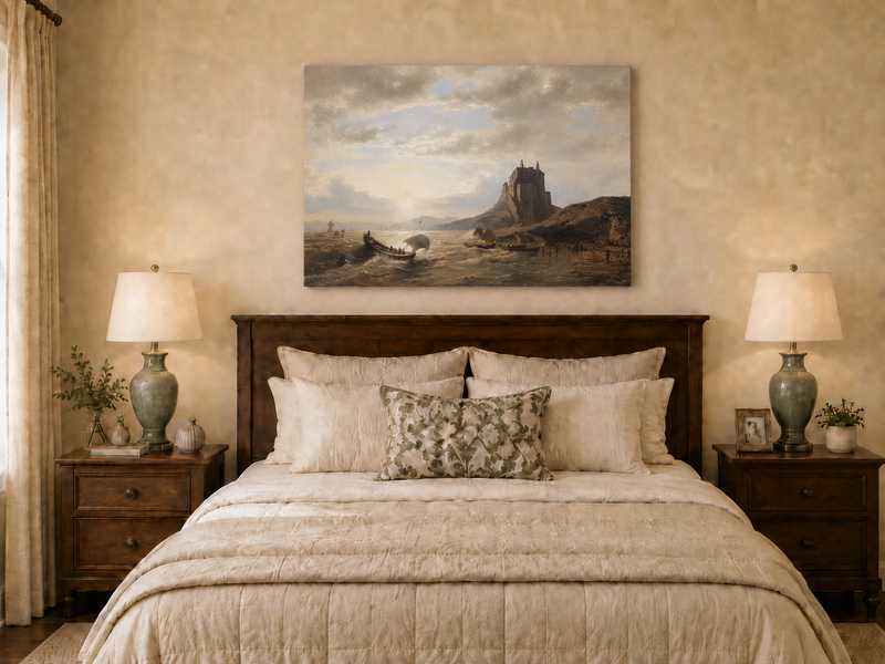Peinture à l'huile de paysage - Château côtier et voiliers au coucher du soleil