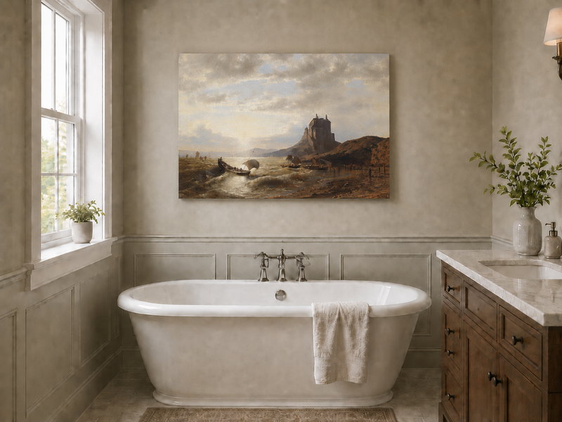 Peinture à l'huile de paysage - Château côtier et voiliers au coucher du soleil
