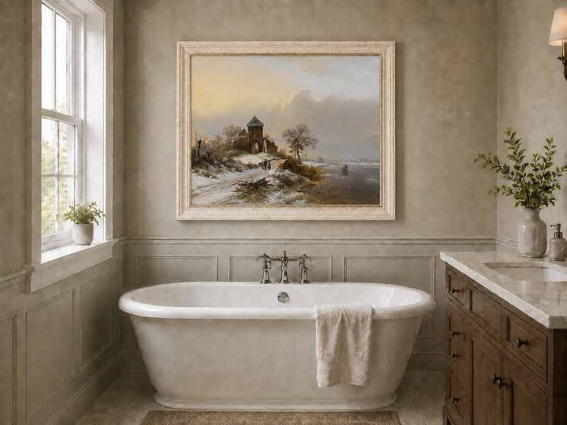 Landscape Oil Painting - Winter Village Gate and River