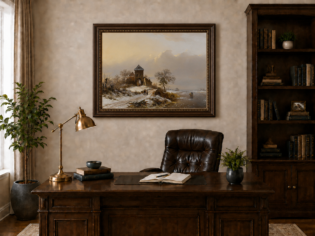 Landscape Oil Painting - Winter Village Gate and River