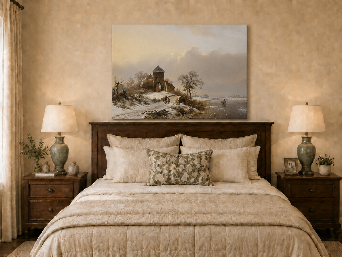 Landscape Oil Painting - Winter Village Gate and River