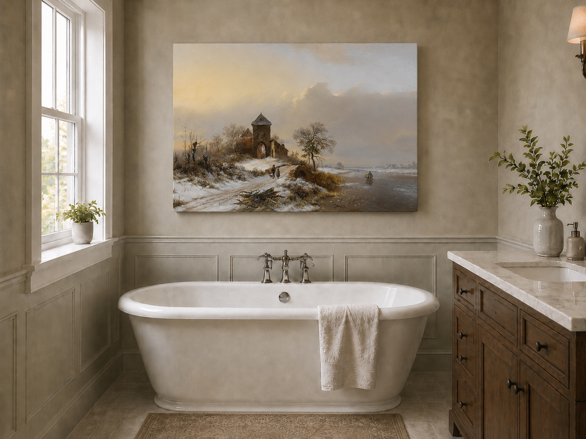 Landscape Oil Painting - Winter Village Gate and River