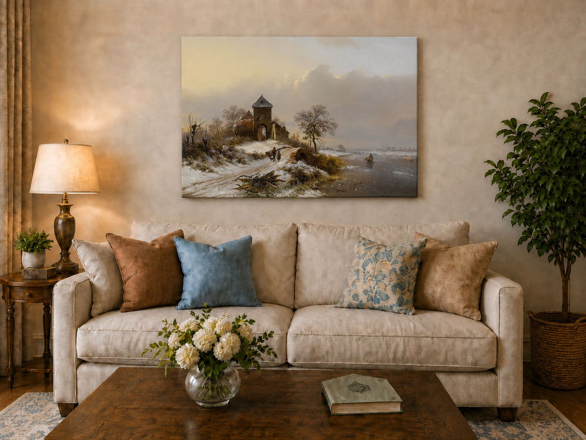 Landscape Oil Painting - Winter Village Gate and River