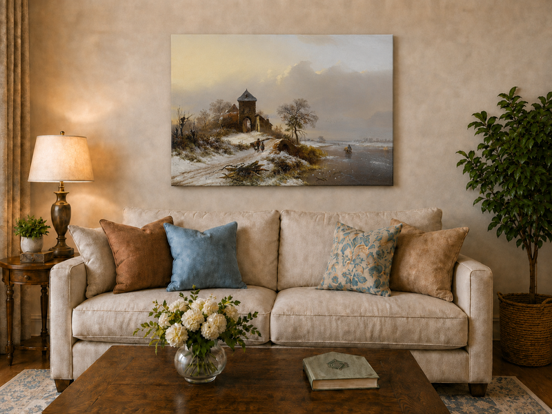 Landscape Oil Painting - Winter Village Gate and River