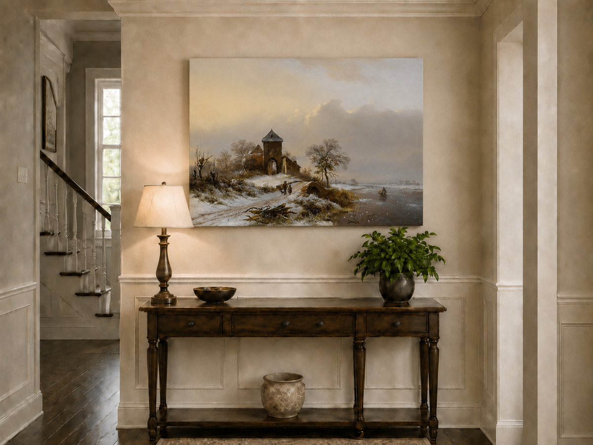 Landscape Oil Painting - Winter Village Gate and River