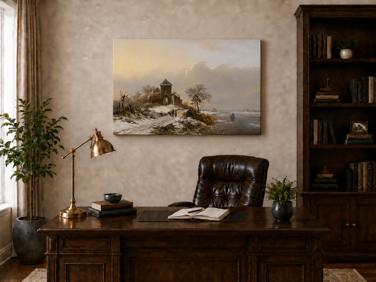 Landscape Oil Painting - Winter Village Gate and River
