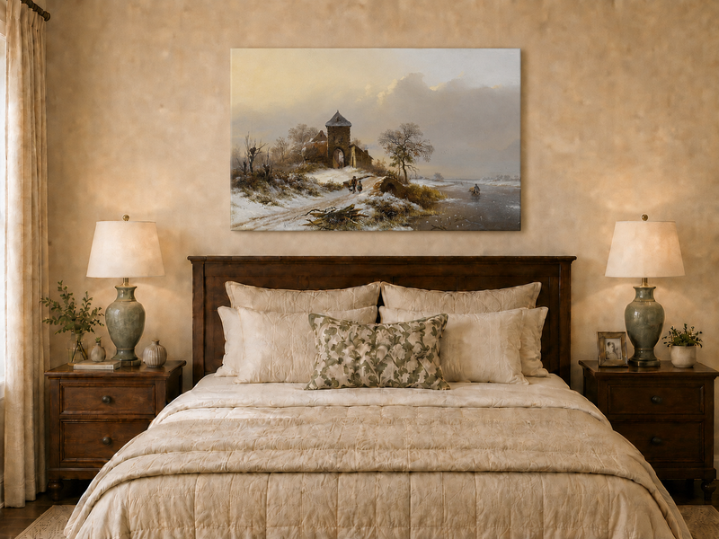 Landscape Oil Painting - Winter Village Gate and River