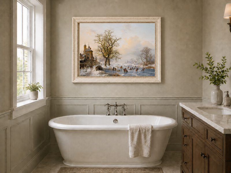 Ölgemälde Landschaft – Winterliches Dorf am Eisfluss
