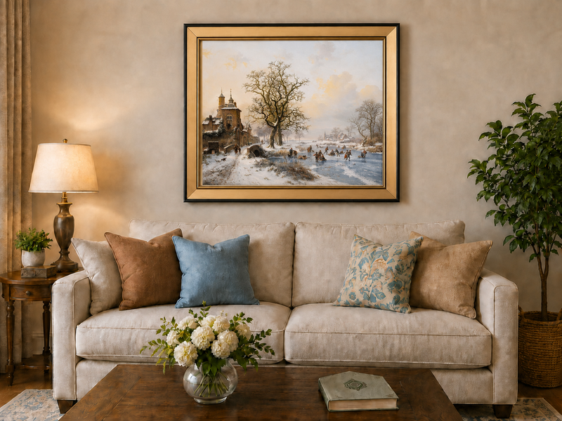 Ölgemälde Landschaft – Winterliches Dorf am Eisfluss