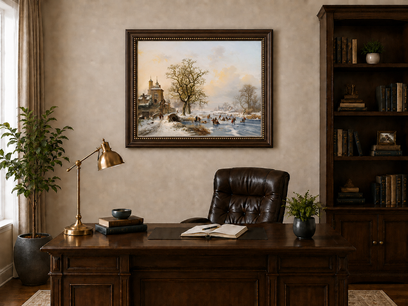 Ölgemälde Landschaft – Winterliches Dorf am Eisfluss