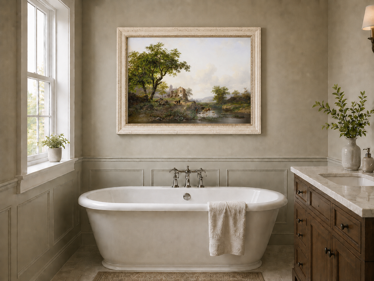 Landscape Oil Painting - Rural Stream, Livestock & Towered