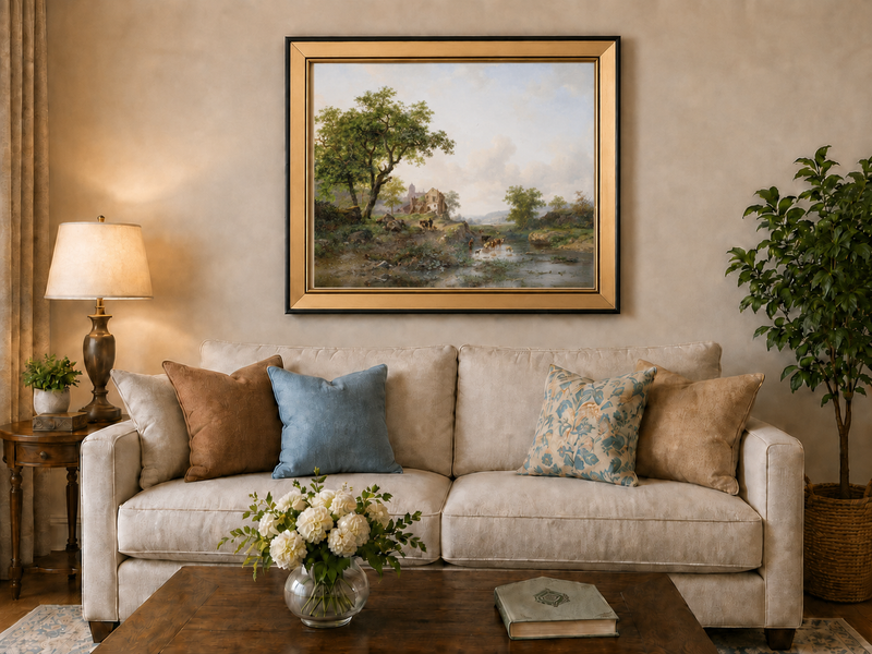 Landscape Oil Painting - Rural Stream, Livestock & Towered