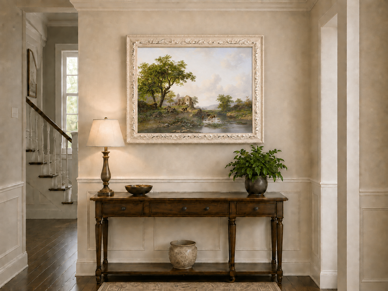 Landscape Oil Painting - Rural Stream, Livestock & Towered