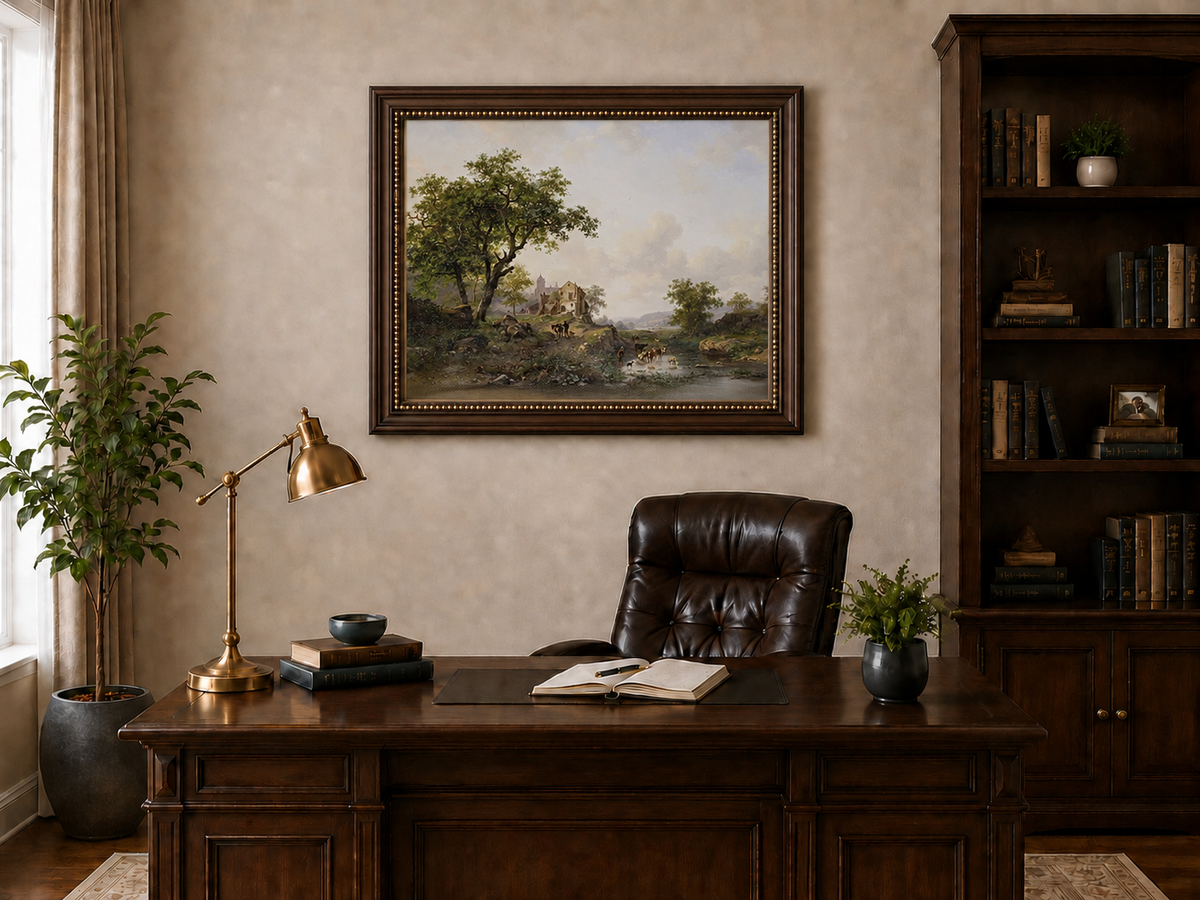 Landscape Oil Painting - Rural Stream, Livestock & Towered