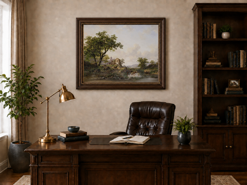 Landscape Oil Painting - Rural Stream, Livestock & Towered