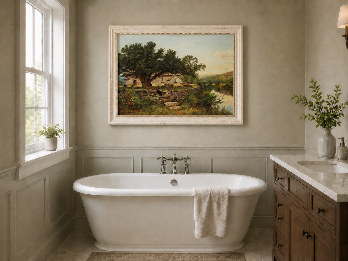 Peinture à l'huile de paysage - Maison en pierre rurale et vieil arbre, lac