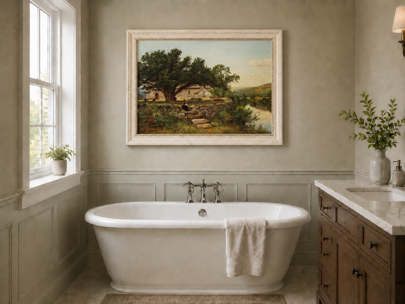Peinture à l'huile de paysage - Maison en pierre rurale et vieil arbre, lac