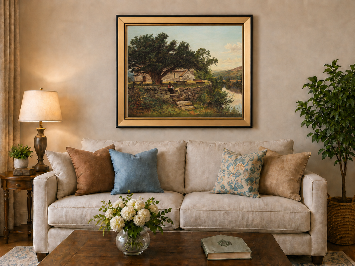 Peinture à l'huile de paysage - Maison en pierre rurale et vieil arbre, lac